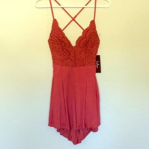 NWOT Coral Red Lacy Romper - LuLus
